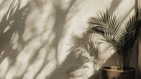 A serene indoor scene showcasing the gentle shadows of palm leaves cast on a neutral wall, enhancing the modern aesthetic and tranquil ambiance.の素材