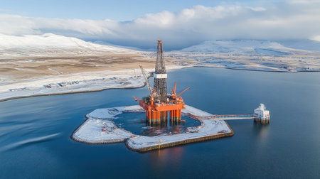 This aerial perspective captures an oil rig situated in icy waters, framed by snow-covered mountains and a clear sky, showcasing industrial energy exploration.の素材