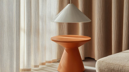 A beautifully designed modern living room features an orange accent table paired with a striking white pendant light, emphasizing minimalist style and comfort.の素材