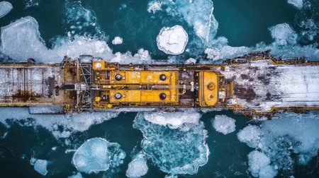 An aerial perspective captures an icebreaker ship expertly maneuvering through a sea of frozen waters, surrounded by floating ice. The dramatic contrast showcases the resilience of maritime industry in challenging winter conditions.の素材