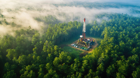 An aerial shot showcases an oil drill tower nestled within a dense forest. The misty landscape surrounds the site, creating a serene and peaceful atmosphere.の素材