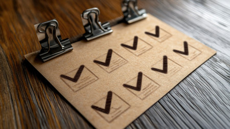 This image features a brown paper checklist with visible check marks, neatly held in place by metal clips on a wooden surface. Perfect for themes of productivity, organization, and planning.の素材
