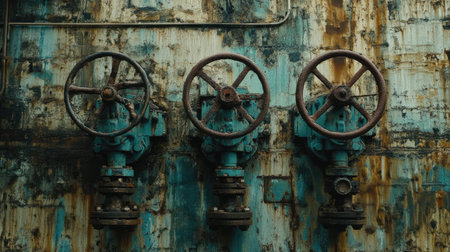This image showcases three vintage industrial valves with rusty wheels mounted on a weathered wall, featuring rich blue and brown tones, creating an authentic and gritty atmosphere.の素材