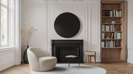 A sophisticated living room featuring minimalist design elements, including a cozy chair, a round coffee table, and a striking black circle art piece.の素材