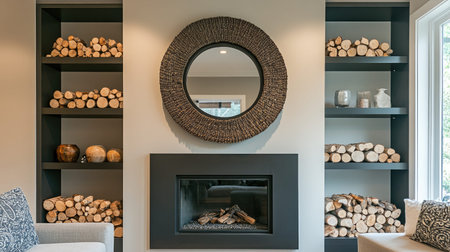 A beautifully designed living room interior featuring a modern fireplace, cozy seating, and a round mirror, accented with natural wood shelves, creating an inviting atmosphere.の素材