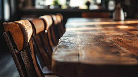 A rustic wooden dining table paired with charming wooden chairs casts a warm and inviting atmosphere, perfect for gatherings and meals.の素材