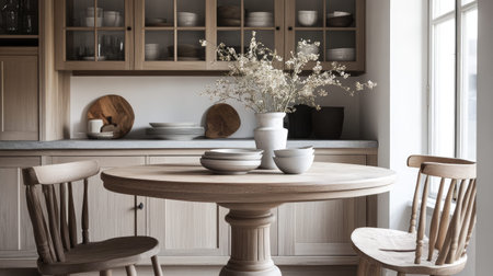 This image showcases a serene Scandinavian kitchen featuring a stylish wooden dining table, paired with minimalist chairs and elegant decor, highlighted by natural light.の素材