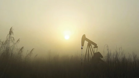 A captivating silhouette of an oil pump jack emerges through the fog during sunrise, creating a serene atmosphere in a quiet field filled with grass.の素材