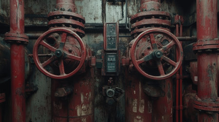 A captivating view of vintage industrial pipes and red valves showcasing intricate details and weathered textures ideal for industrial-themed projects or online videos.の素材