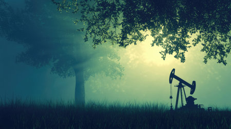 A striking silhouette of an oil pump in a foggy forest, highlighting the contrast between nature and industry, with sunlight gently illuminating the scene.の素材
