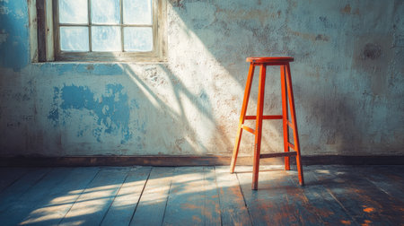 An empty vintage room featuring a bright orange stool illuminated by soft natural light from a nearby window, creating an inviting atmosphere.の素材