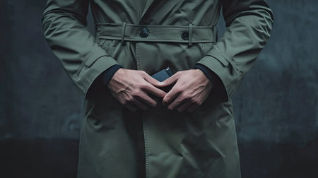 A person dressed in a stylish green coat discreetly holds a smartphone between their hands against a dark urban backdrop, creating a sense of intrigue.の素材