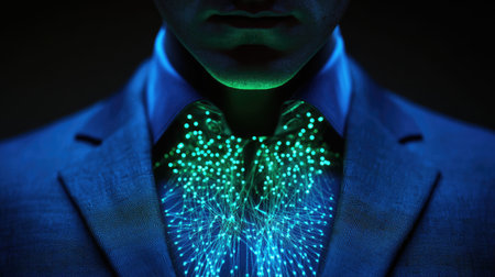 A striking portrait of a businessman illuminated by vibrant digital lights. This image symbolizes innovation, technology, and creativity in modern business.の素材