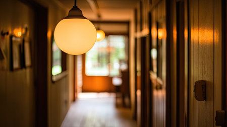 A serene corridor illuminated by a warm light fixture, showcasing a tranquil atmosphere. The soft glow highlights the wooden elements, inviting relaxation.の素材