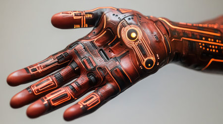 This image showcases a futuristic robotic hand adorned with intricate circuit patterns and vibrant orange highlights, perfect for technology and innovation themes.の素材