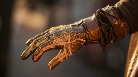 A close-up view of a futuristic leather glove featuring a detailed circuit design. This innovative wearable combines technology and fashion in an urban backdrop, showcasing the intricate patterns and craftsmanship involved. Perfect for illustrating modern technology themes.の素材