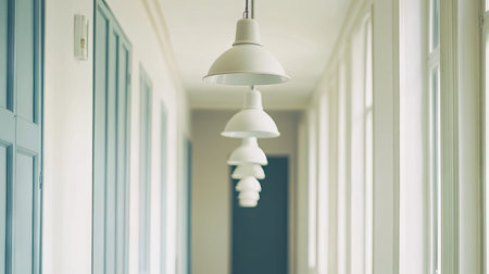 A modern corridor featuring sleek white pendant lights creates a bright and inviting atmosphere, showcasing minimalist design and elegant aesthetics.の素材