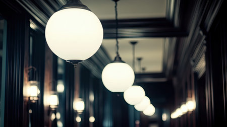 Discover a beautifully designed hallway illuminated by elegant round light fixtures, blending modern aesthetics with classic architectural details for a warm ambiance.の素材