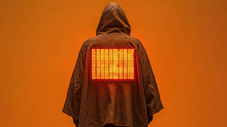 This image features a hooded figure with an illuminated square pattern on their back, set against a vibrant orange background, creating a captivating visual experience.の素材