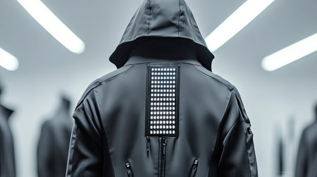 This image features a futuristic hooded jacket enhanced with an LED display, set against a minimalist modern backdrop, showcasing innovative fashion trends.の素材