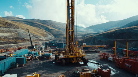This image showcases a large mining site featuring heavy drilling machinery, shipping containers, and mountains in the background, reflecting industrial activity.の素材
