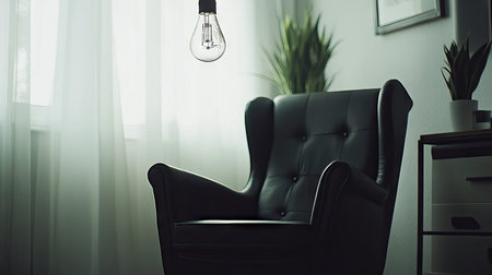 A stylish black armchair sits gracefully under a hanging light bulb, surrounded by green plants and natural light, creating a cozy and serene atmosphere in modern interiors.の素材
