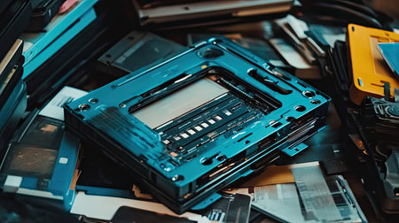 A vibrant vintage cassette player sits amidst a chaotic arrangement of scattered photographs and tapes, evoking deep nostalgia for classic media experiences.の素材