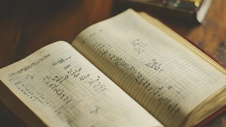 This image features an open antique ledger resting on a wooden desk, showcasing handwritten entries and complex accounting records, evoking a sense of history and meticulous documentation.の素材