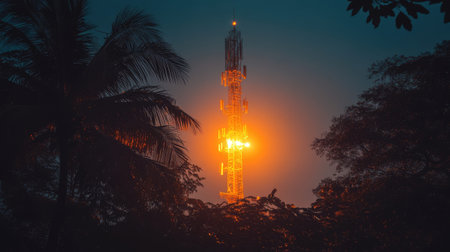 A striking image of a communication tower illuminated at dusk, surrounded by lush foliage and silhouetted trees, showcasing modern technology blending with nature.の素材