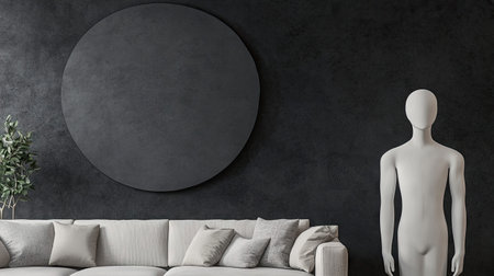 A sleek and modern living room showcasing a minimalist design, featuring a white couch, plush cushions, a stylish mannequin, and an oversized round wall art piece.の素材