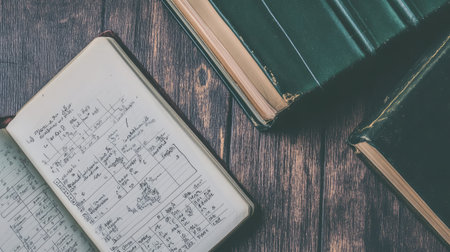 A vintage handwritten ledger rests on a wooden table, accompanied by old leather-bound books and notebooks, evoking a sense of nostalgia and history.の素材