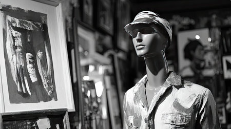 This striking black and white image features a fashion mannequin posed artfully amidst modern abstract artwork, creating a captivating visual narrative.の素材