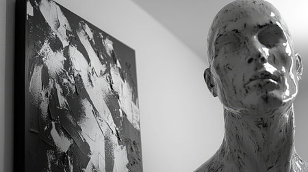 A striking black and white sculpture stands beside an abstract painting, creating a unique visual interplay. The modern art evokes emotion and thought.の素材