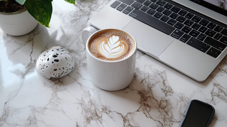 A stylish workspace featuring a white coffee mug with latte art, a sleek laptop, and an indoor plant on a marble table, perfect for productivity.の素材