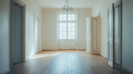 An empty room showcasing bright natural light streaming through elegant windows, revealing a warm wooden floor and classic design elements, perfect for new beginnings.の素材