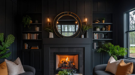 This image features a cozy modern living room with a warm fireplace as the centerpiece, surrounded by stylish decor, plants, and a dark-toned interior that exudes elegance and comfort.の素材