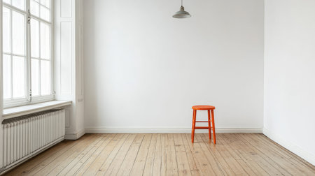 A serene minimalist interior showcasing a vibrant orange stool in an empty room. The white walls and wooden floor create a calming atmosphere ideal for creativity and relaxation.の素材
