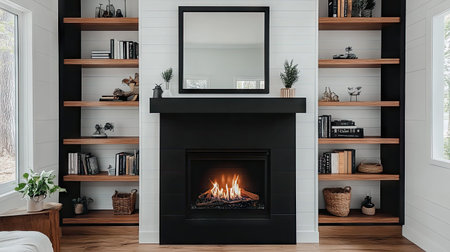 This image showcases a cozy modern living room featuring a chic fireplace, stylish shelving, and elegant decor, creating a warm and inviting atmosphere.の素材