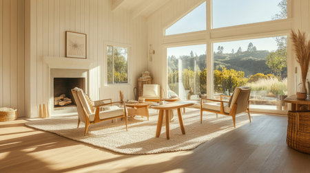 A beautifully designed modern living room featuring large windows that offer a scenic view of nature, creating a cozy and inviting atmosphere.の素材