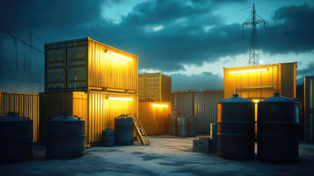This striking industrial scene showcases illuminated storage containers and water tanks in a moody dusk environment, highlighting urban infrastructure.の素材