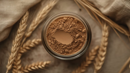 A top view of natural brown powder in a glass container, surrounded by wheat grains on a textured fabric backdrop, ideal for wellness and culinary themes.の素材