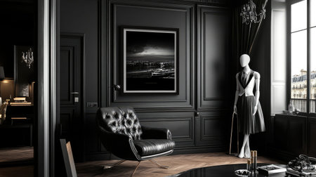 A sophisticated black and white interior featuring a stylish sculpture against a backdrop of city view art. The elegant decor harmonizes luxury and modern design, creating a cozy atmosphere.の素材