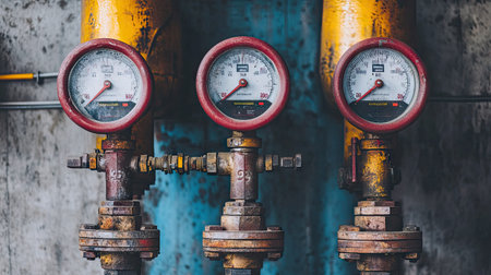 This image features industrial pressure gauges mounted on rusty metal valves, showcasing a factory environment. The gauges provide crucial measurements for monitoring pressure levels.の素材