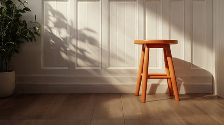 This image features a bright orange stool placed against a textured wall, illuminated by soft morning light casting gentle shadows, creating a calming atmosphere.の素材