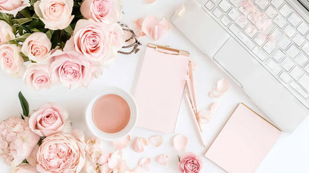 This image showcases an elegant workspace styled with pink roses, soft stationery, and a coffee cup beside a modern laptop, perfect for creative inspiration.の素材