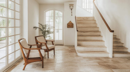 A beautifully designed entryway featuring a bright open space with a staircase and stylish wooden chairs, creating a serene and inviting atmosphere.の素材