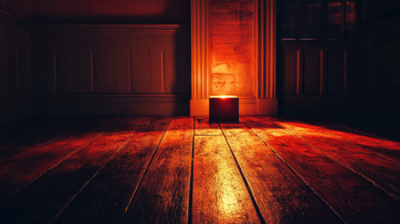 A captivating scene showcasing a mysterious box emitting a warm glow in an empty room. The textured wooden floor and shadowy walls create an intriguing atmosphere.の素材