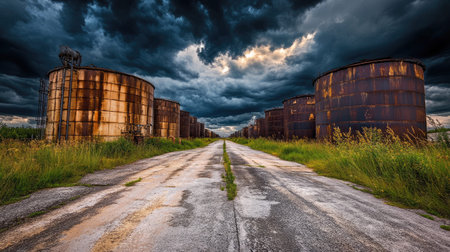 A captivating industrial scene featuring rusted tanks beside an abandoned roadway, against a backdrop of dramatic clouds and overgrown vegetation.の素材