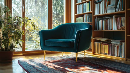 A stylish sofa positioned in a bright living room, surrounded by a well-organized bookshelf and potted plants, creating a serene atmosphere.の素材