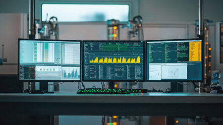 A stylish modern workstation featuring three computer monitors displaying a range of data analytics tools and visualizations in a well-lit office space.の素材